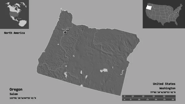 Shape Oregon State Mainland United States Its Capital Escala Distancia —  Fotos de Stock