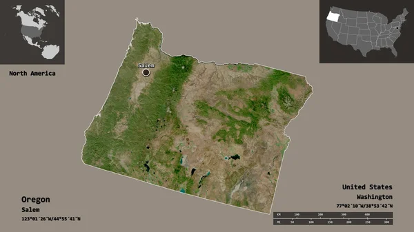 オレゴン州の形状 米国本土の状態 およびその首都 距離スケール プレビューおよびラベル 衛星画像 3Dレンダリング — ストック写真