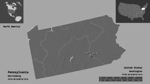 ペンシルベニア州の形状 米国本土の州 およびその首都 距離スケール プレビューおよびラベル 標高マップ 3Dレンダリング — ストック写真