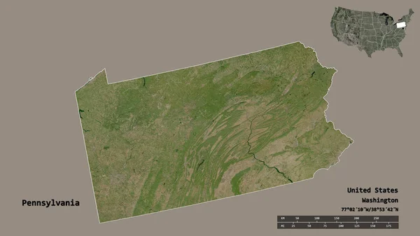 ペンシルベニア州の形 米国本土の状態 その資本がしっかりとした背景に隔離されました 距離スケール リージョンプレビュー およびラベル 衛星画像 3Dレンダリング — ストック写真