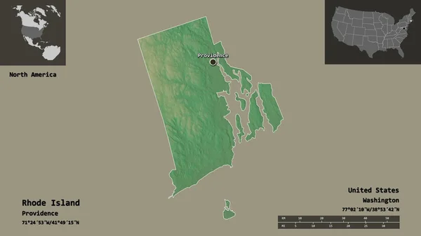 ロードアイランド州 アメリカ本土州 およびその首都の形状 距離スケール プレビューおよびラベル 地形図 3Dレンダリング — ストック写真