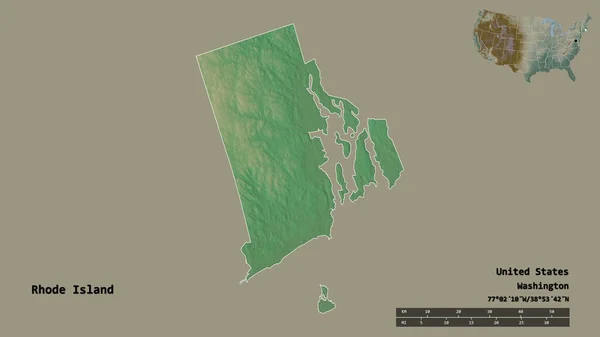 ロードアイランド州の形 米国本土の状態 その資本金は 固体背景に隔離されています 距離スケール リージョンプレビュー およびラベル 地形図 3Dレンダリング — ストック写真