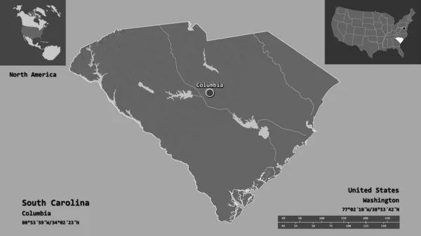 サウスカロライナ州 アメリカ合衆国本土 およびその首都の形 距離スケール プレビューおよびラベル 標高マップ 3Dレンダリング — ストック写真