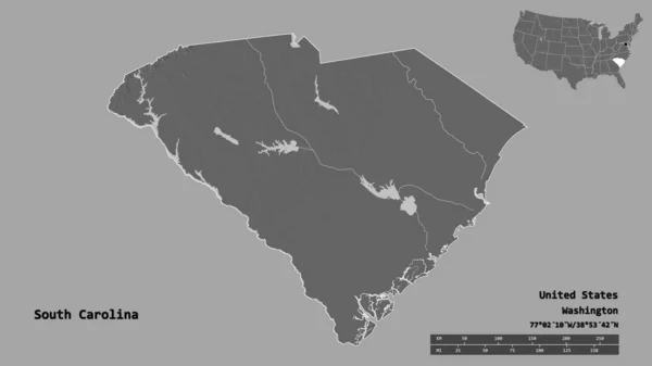 美国大陆州南卡罗来纳州的形状 其首都在坚实的背景下与世隔绝 距离尺度 区域预览和标签 Bilevel高程图 3D渲染 — 图库照片