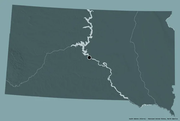 サウスダコタ州の形 米国本土の状態 その資本金は 固体色の背景に隔離されています 色の標高マップ 3Dレンダリング — ストック写真