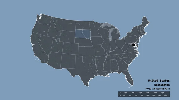 美国大陆以首都 主要区域分部和分离的南达科他州地区为首都的退化形态 彩色高程图 3D渲染 — 图库照片