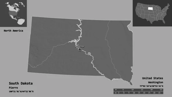 サウスダコタ州 アメリカ本土州 およびその首都の形状 距離スケール プレビューおよびラベル 標高マップ 3Dレンダリング — ストック写真