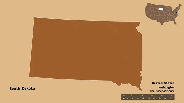 南达科他州的形状 美国大陆州 其首都在坚实的背景下孤立 距离尺度 区域预览和标签 图形纹理的组成 3D渲染 — 图库照片