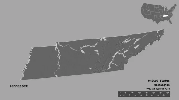 テネシー州の形 米国本土の状態 その資本がしっかりとした背景に隔離されました 距離スケール リージョンプレビュー およびラベル 標高マップ 3Dレンダリング — ストック写真