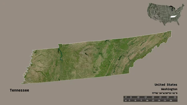 田纳西州的形状 美国大陆的州 其首都孤立的坚实的背景 距离尺度 区域预览和标签 卫星图像 3D渲染 — 图库照片
