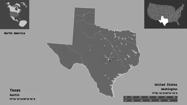 得克萨斯州的形状 美国大陆州 及其首府 距离刻度 预览和标签 Bilevel高程图 3D渲染 — 图库照片