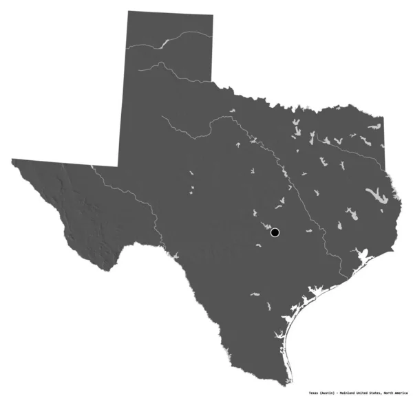 テキサス州はアメリカ合衆国本土の州であり 州都は白人の背景に孤立している 標高マップ 3Dレンダリング — ストック写真