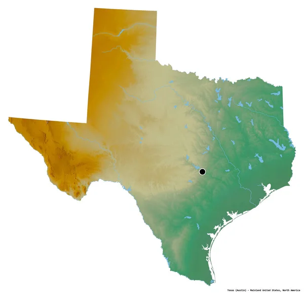Teksas 'ın şekli, Birleşik Devletler Anakara Eyaleti, başkenti beyaz arka planda izole edilmiş. Topografik yardım haritası. 3B görüntüleme