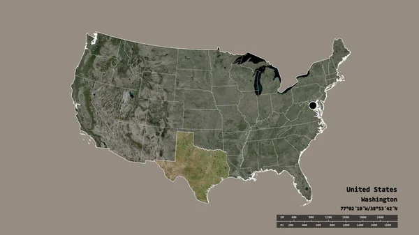 Desaturerad Form Det Amerikanska Fastlandet Med Dess Huvudstad Huvudsakliga Regionala — Stockfoto