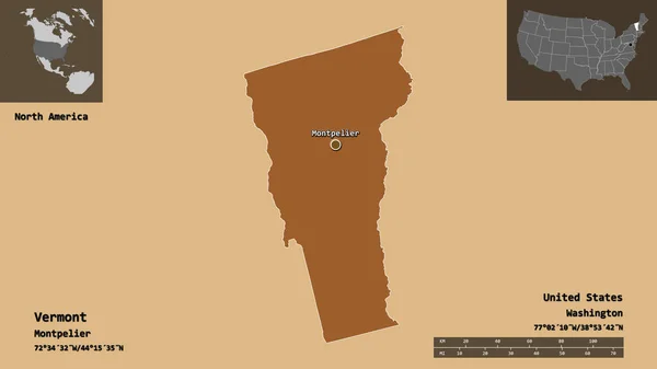 バーモント州 アメリカ合衆国本土 およびその首都の形 距離スケール プレビューおよびラベル パターン化されたテクスチャの構成 3Dレンダリング — ストック写真