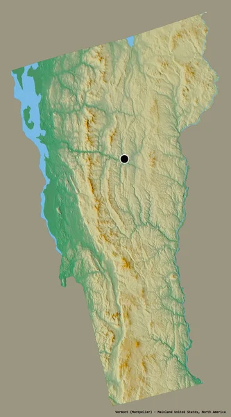 米国本土のバーモント州の形で その首都はしっかりした色の背景に隔離されています 地形図 3Dレンダリング — ストック写真