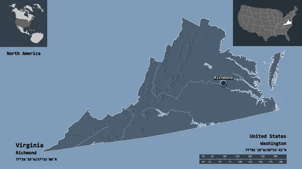 バージニア州 アメリカ本土州 およびその首都の形 距離スケール プレビューおよびラベル 色の標高マップ 3Dレンダリング — ストック写真