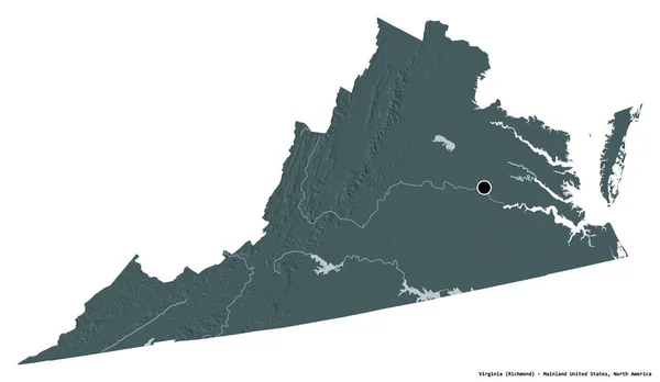 バージニア州はアメリカ合衆国本土州であり 州都は白地に孤立している 色の標高マップ 3Dレンダリング — ストック写真