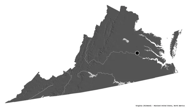 美国大陆州弗吉尼亚的形状 其首都被白色背景隔离 Bilevel高程图 3D渲染 — 图库照片