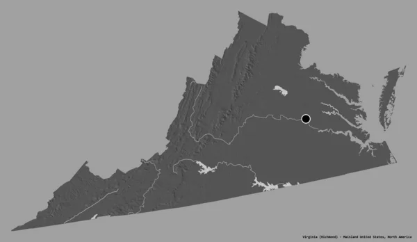 美国大陆州弗吉尼亚的形状 其首都以纯色背景隔离 Bilevel高程图 3D渲染 — 图库照片