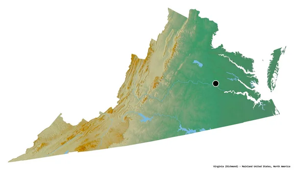 バージニア州はアメリカ合衆国本土州であり 州都は白地に孤立している 地形図 3Dレンダリング — ストック写真