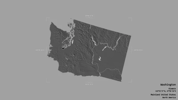 米国本土のワシントン州のエリアは 洗練された境界ボックス内の強固な背景に隔離されています ラベル 標高マップ 3Dレンダリング — ストック写真