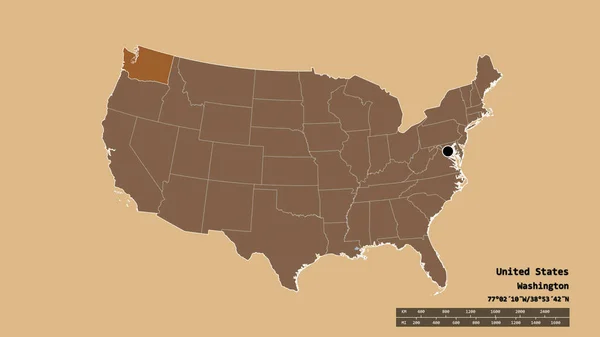 美国大陆以其首都 主要的区域分部和分隔的华盛顿地区为首都的绝望形态 图形纹理的组成 3D渲染 — 图库照片