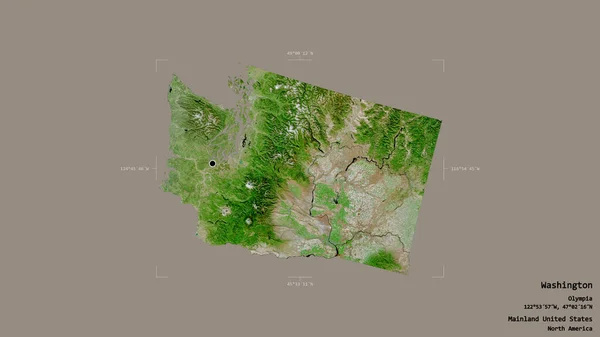 米国本土のワシントン州のエリアは 洗練された境界ボックス内の強固な背景に隔離されています ラベル 衛星画像 3Dレンダリング — ストック写真