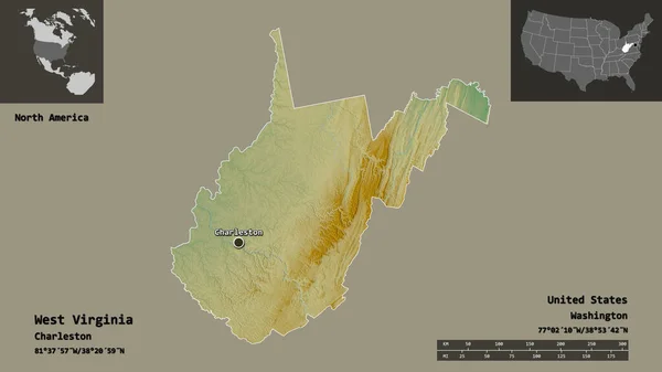 ウェストバージニア州 アメリカ合衆国本土 およびその首都の形 距離スケール プレビューおよびラベル 地形図 3Dレンダリング — ストック写真