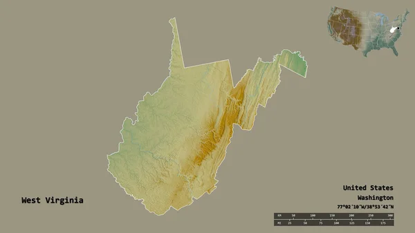 アメリカ本土州のウェストバージニア州の形で その首都はしっかりとした背景に孤立しています 距離スケール リージョンプレビュー およびラベル 地形図 3Dレンダリング — ストック写真