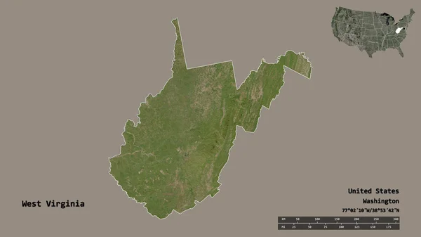 アメリカ本土州のウェストバージニア州の形で その首都はしっかりとした背景に孤立しています 距離スケール リージョンプレビュー およびラベル 衛星画像 3Dレンダリング — ストック写真