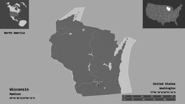 Form Wisconsin Delstaten Usa Och Dess Huvudstad Avståndsskala Förhandsvisningar Och — Stockfoto