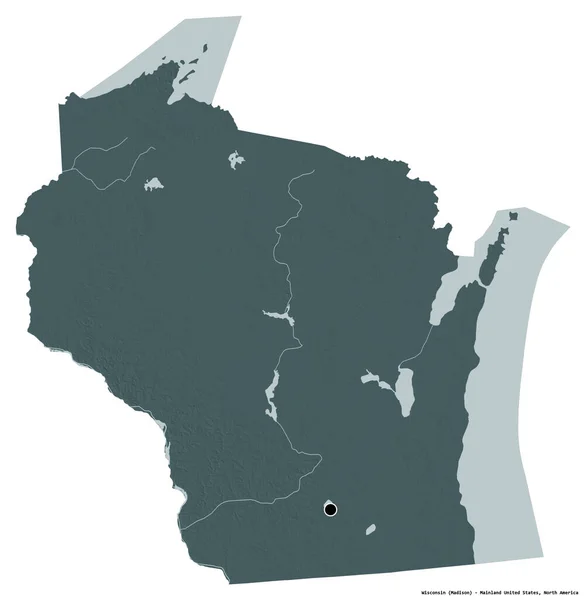 美国大陆州威斯康星州的形状 其首都被白色背景隔离 彩色高程图 3D渲染 — 图库照片