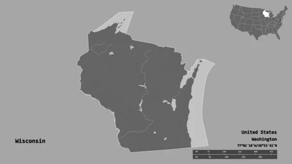 威斯康星州的形状 美国大陆州 其首都孤立的坚实的背景 距离尺度 区域预览和标签 Bilevel高程图 3D渲染 — 图库照片