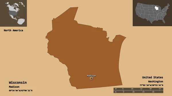 Форма Висконсина Штат Континентальная Часть Сша Столица Шкала Расстояний Предварительные — стоковое фото
