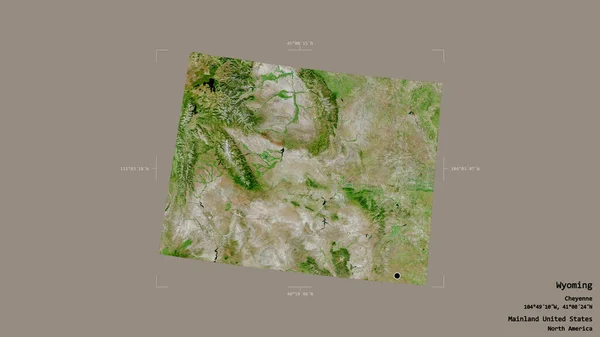 米国本土のワイオミング州の地域は 洗練された境界の箱の中の強固な背景に隔離されています ラベル 衛星画像 3Dレンダリング — ストック写真