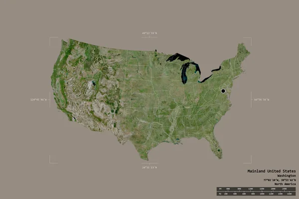 米国本土の地域は 洗練された境界ボックス内の強固な背景に隔離されました 主な地域部門 距離スケール ラベル 衛星画像 3Dレンダリング — ストック写真