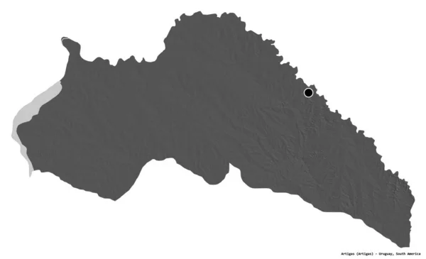 ウルグアイ省のArtigasの形で その首都は白い背景に隔離されています 標高マップ 3Dレンダリング — ストック写真