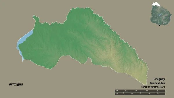 ウルグアイ省のArtigasの形で その首都はしっかりとした背景に隔離されています 距離スケール リージョンプレビュー およびラベル 地形図 3Dレンダリング — ストック写真