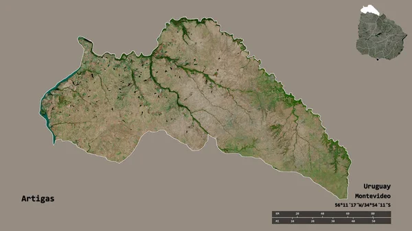 乌拉圭省的Artigas形状 其首都在坚实的背景下与世隔绝 距离尺度 区域预览和标签 卫星图像 3D渲染 — 图库照片