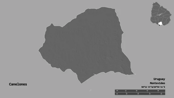 ウルグアイ省のカナロンの形で その首都はしっかりとした背景に隔離されています 距離スケール リージョンプレビュー およびラベル 標高マップ 3Dレンダリング — ストック写真
