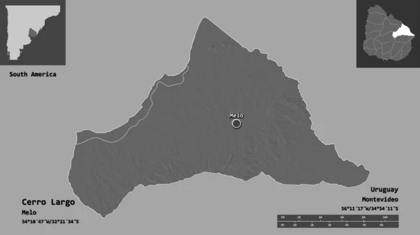 乌拉圭省Cerro Largo的形状及其首都 距离刻度 预览和标签 Bilevel高程图 3D渲染 — 图库照片