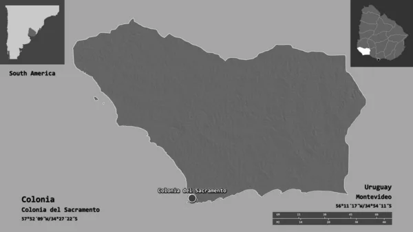 コロンビア ウルグアイ省 首都の形状 距離スケール プレビューおよびラベル 標高マップ 3Dレンダリング — ストック写真