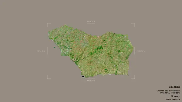 ウルグアイ省コロニアの地域は 洗練された境界の箱の中にしっかりとした背景に隔離されています ラベル 衛星画像 3Dレンダリング — ストック写真