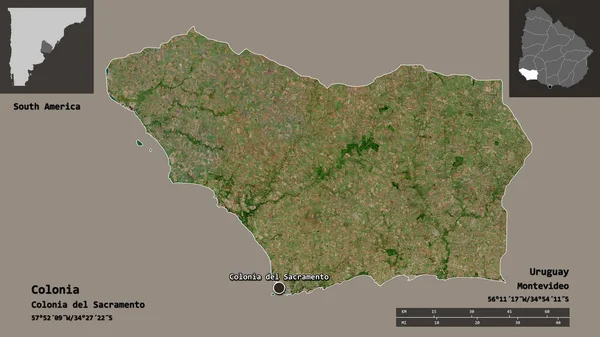 乌拉圭省和首都科洛尼亚的形状 距离刻度 预览和标签 卫星图像 3D渲染 — 图库照片