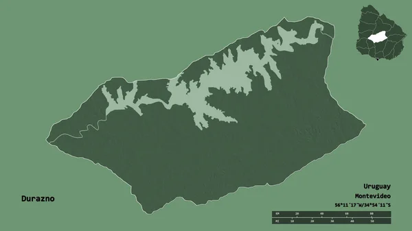 乌拉圭省杜拉兹诺的形状 其首都在坚实的背景下与世隔绝 距离尺度 区域预览和标签 彩色高程图 3D渲染 — 图库照片