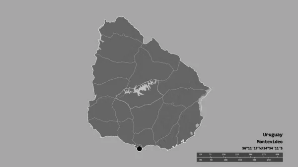 ウルグアイの首都 主要な地域部門と分離されたドゥラズノ地域での荒廃した形 ラベル 標高マップ 3Dレンダリング — ストック写真