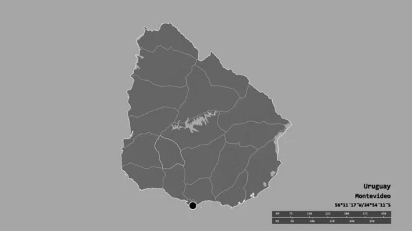 ウルグアイの首都 主要な地域部門と分離されたフローレス地域での荒廃した形 ラベル 標高マップ 3Dレンダリング — ストック写真
