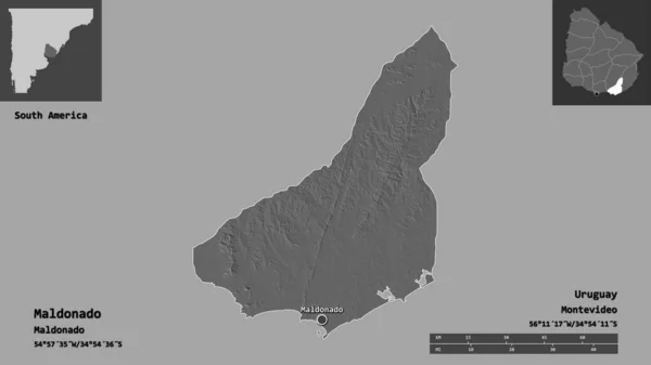 マルドナード ウルグアイ省 およびその首都の形状 距離スケール プレビューおよびラベル 標高マップ 3Dレンダリング — ストック写真