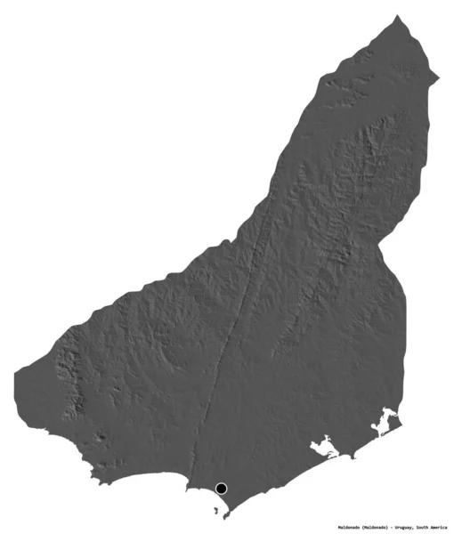 ウルグアイ省のマルドナードの形で その首都は白い背景に孤立しています 標高マップ 3Dレンダリング — ストック写真
